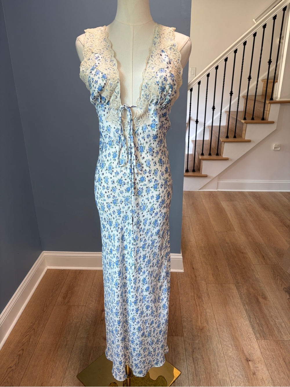 Rumours Venice Maxi Dress Blue Floral Lace Trim Cottagecore Romantic Small